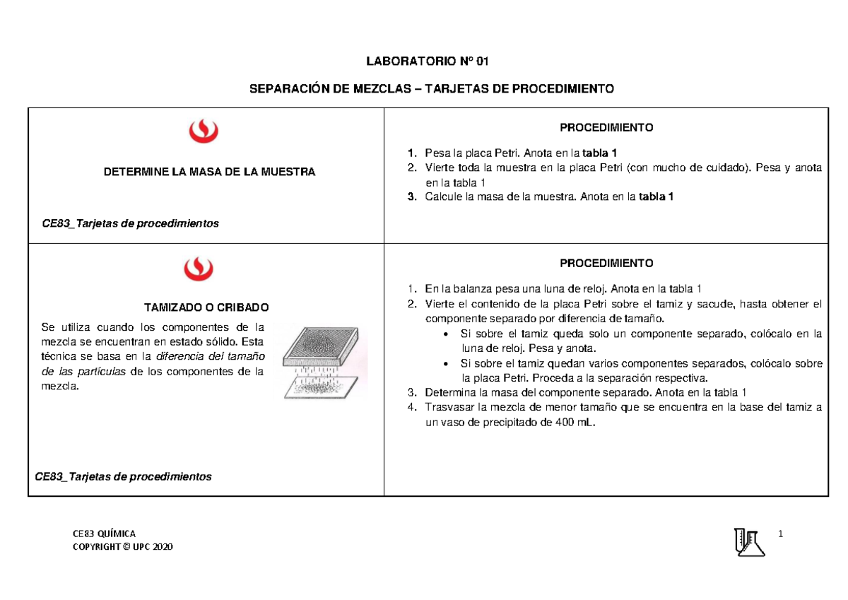 CE83 Laboratorio 01: Procedimientos para Separación de Mezclas - Studocu