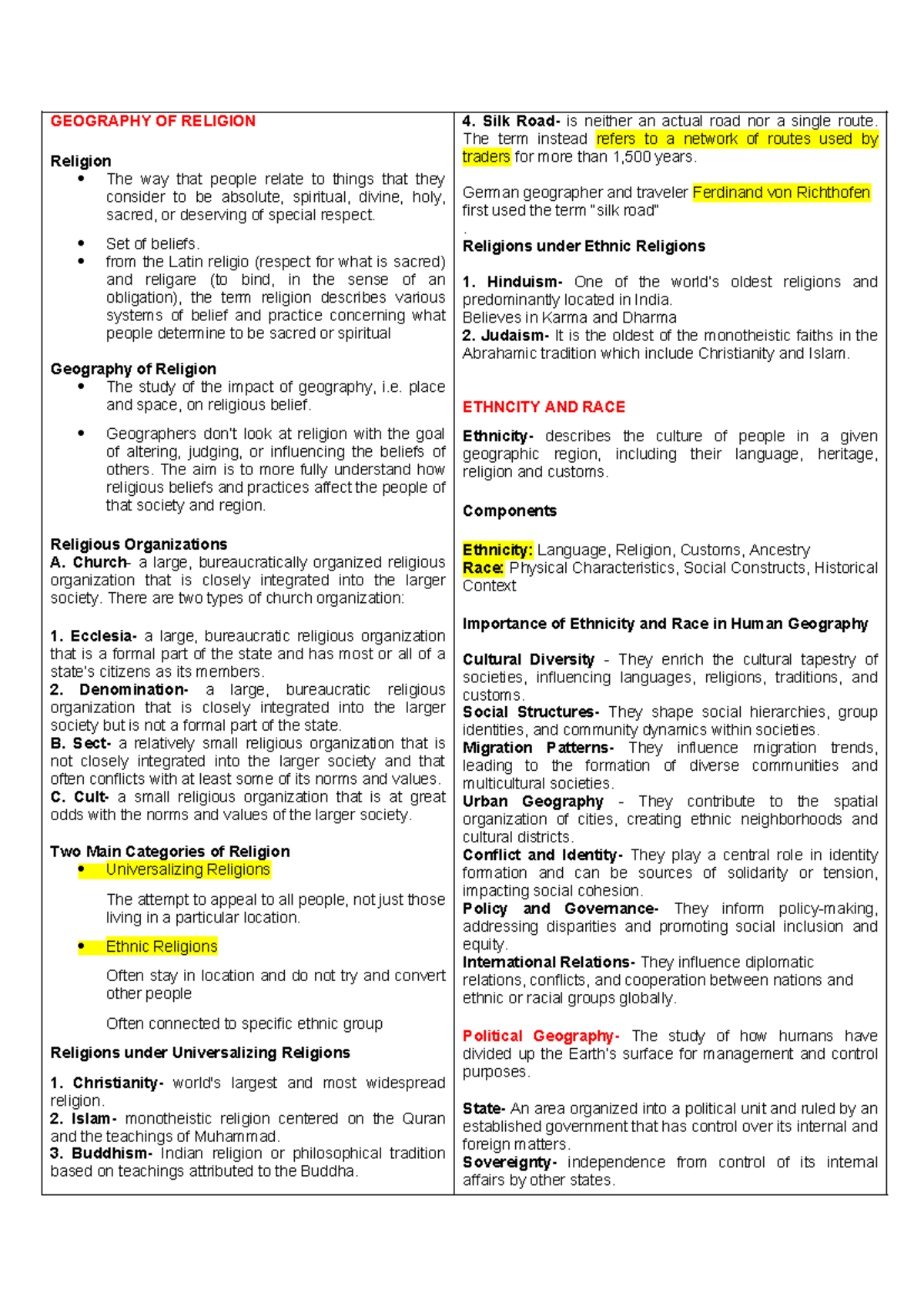 Geography of Religion: Key Concepts and Beliefs Review Notes - Studocu