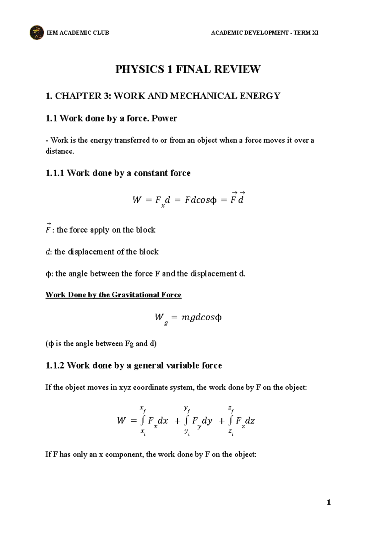 IEM ACADEMIC CLUB PHYSICS 1 FINAL REVIEW: WORK, ENERGY & MOMENTUM - Studocu