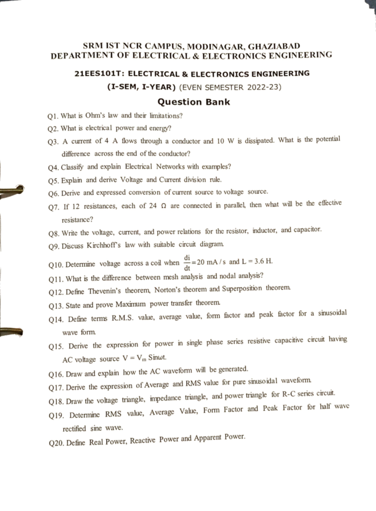 Question Bank for EEE-21EEE101T: Key Concepts & Practice Questions ...