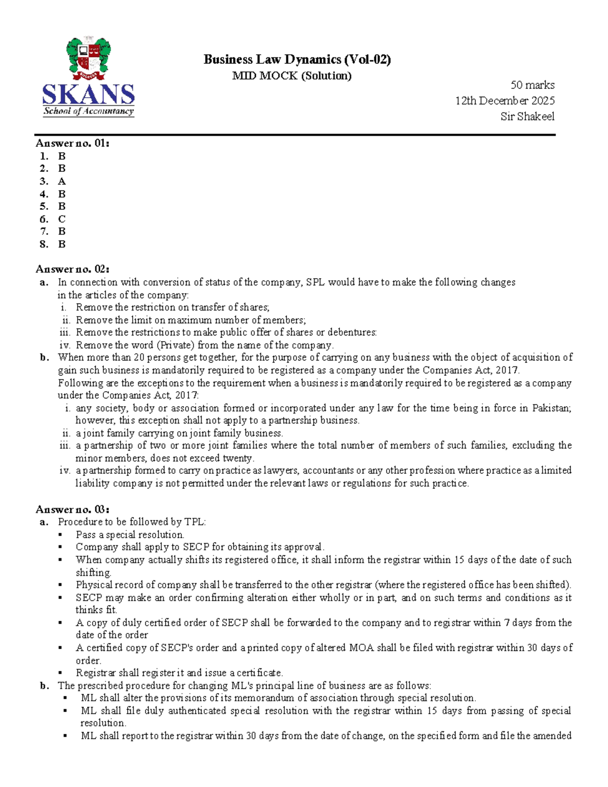 Business Law Dynamics CLaw MID MOCK Solution - December 2025 - Studocu
