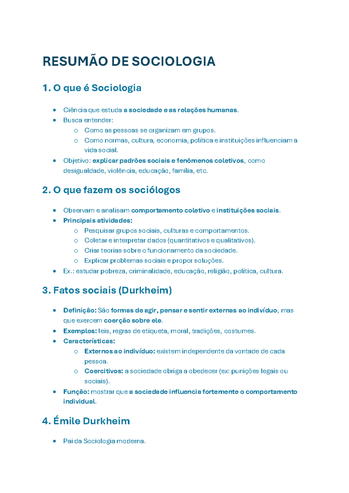 Resumão de Sociologia 1 - Conteúdos e Teorias Fundamentais - Studocu