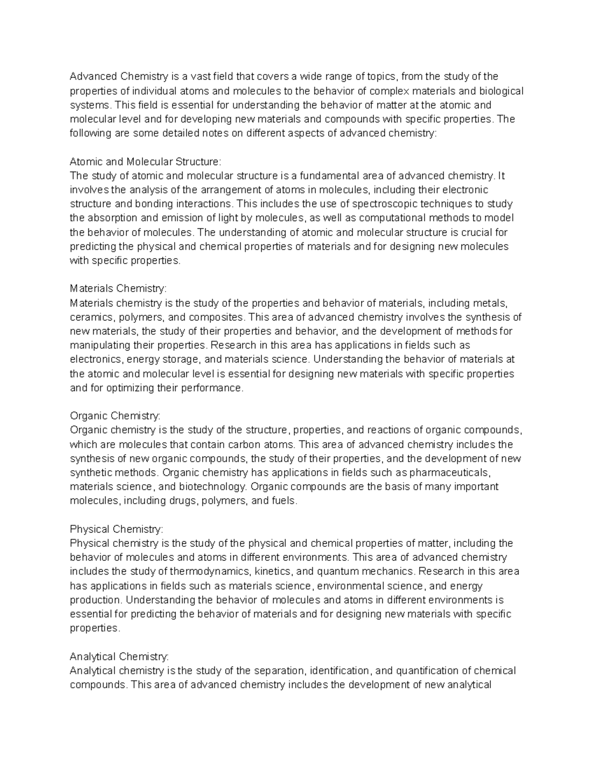 Notes on Advanced Chemistry - Advanced Chemistry is a vast field that ...