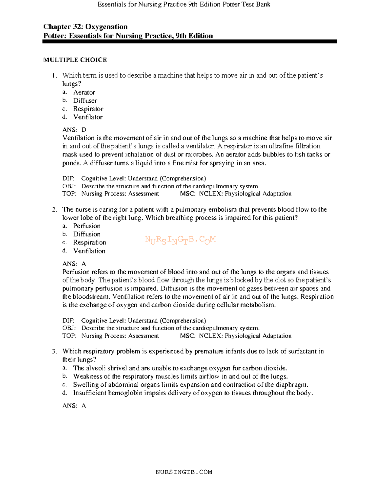 Essentials for Nursing Practice 9th Ed. Potter Test Bank: Chapter 32 ...