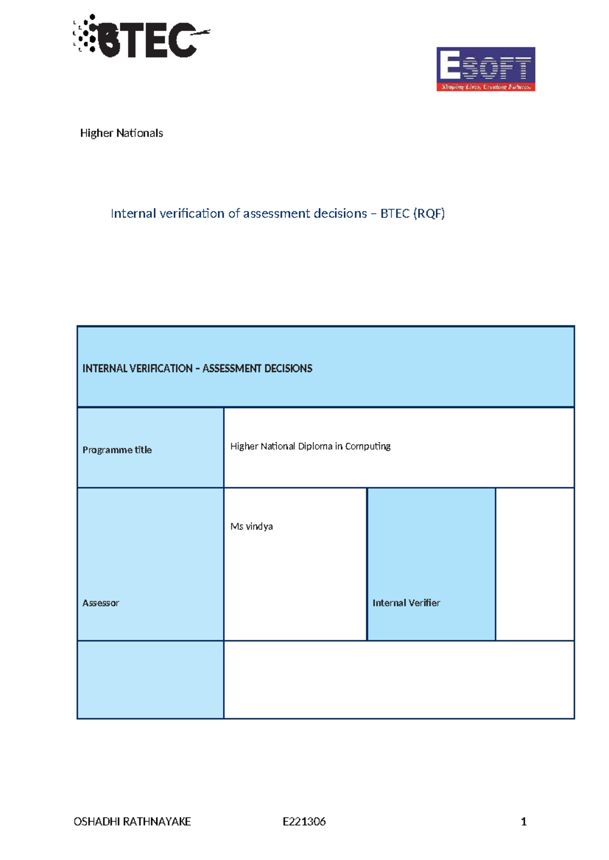 BTEC HND Computing Unit 01: Internal Verification of Assessment ...
