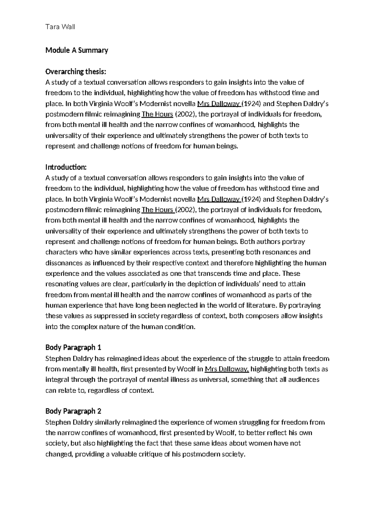 Module A Summary Sheet - notes - Tara Wall Module A Summary Overarching ...