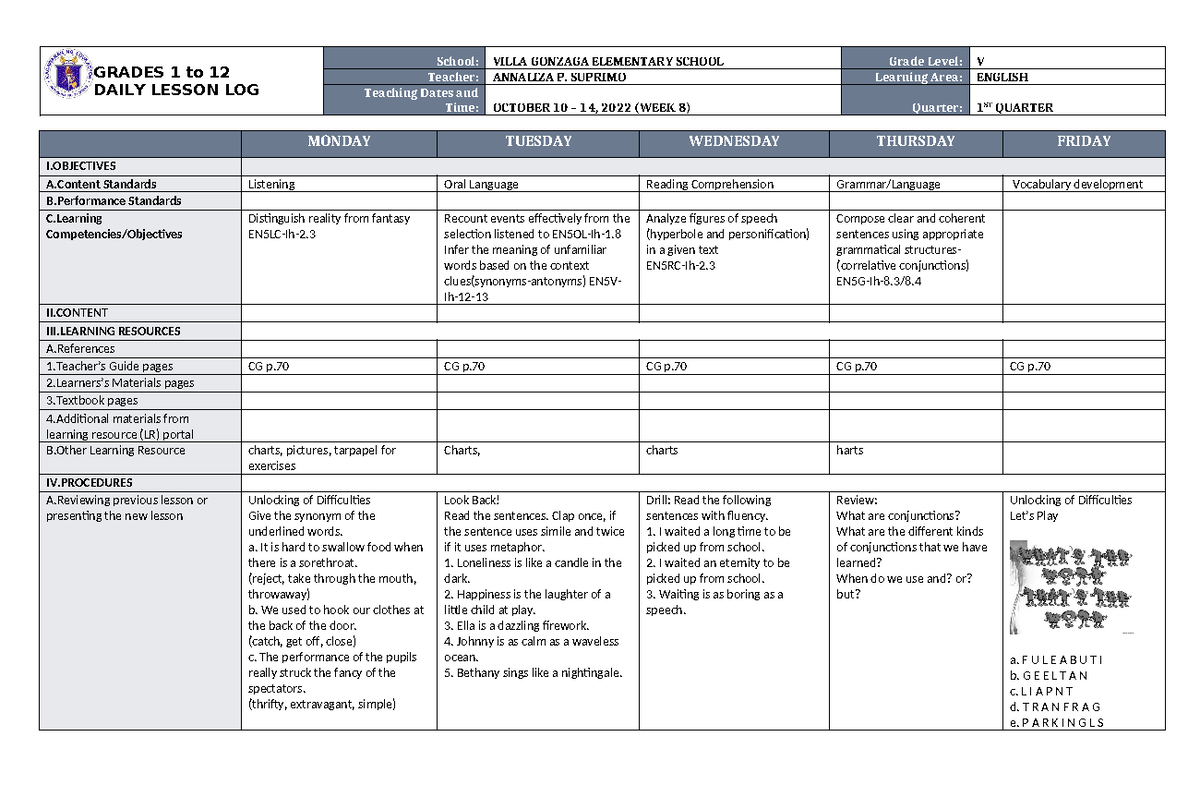 DLL English 5 Q1 W8 - practice only - GRADES 1 to 12 DAILY LESSON LOG ...