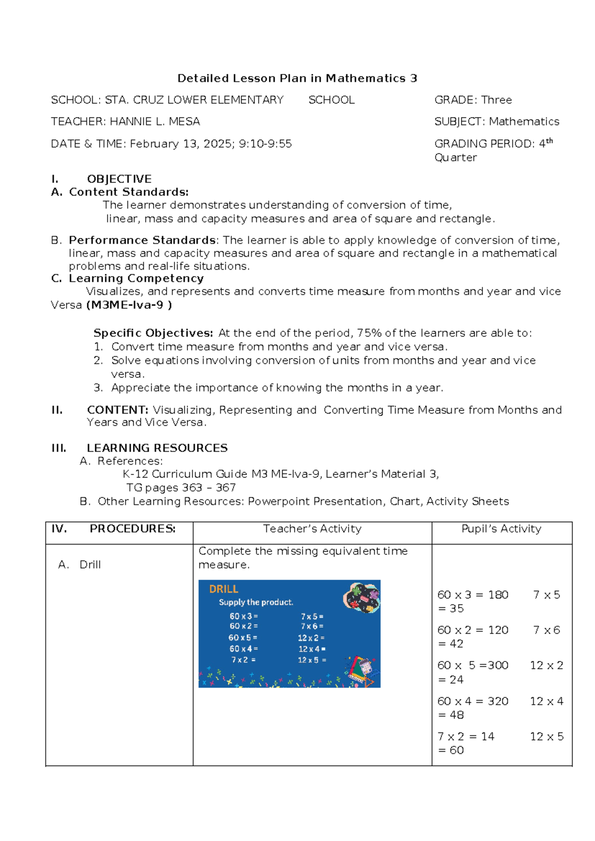 Detailed Lesson Plan for Math 3: Week 1 - 4th Quarter (MATH 3) - Document Preview