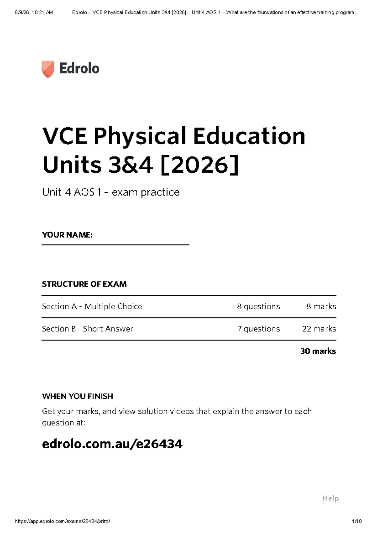 Edrolo VCE PE Units 3&4 [2026] Unit 4 AOS 1 Exam Practice Guide - Studocu
