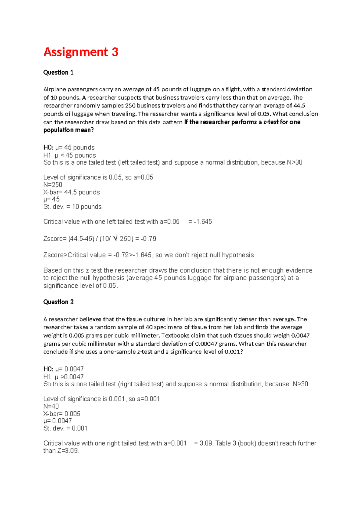 Statistics Assignment 3: Z-Test and T-Test Analysis - Studeersnel