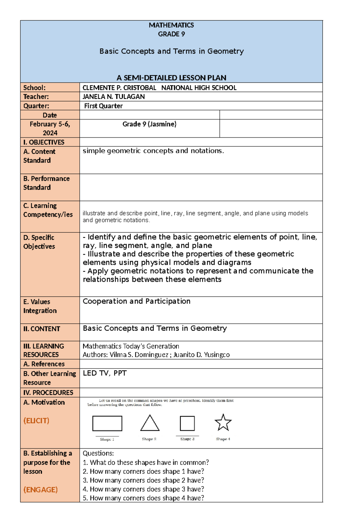 Grade 9 Mathematics Lesson Plan: Basic Geometry Concepts - Studocu