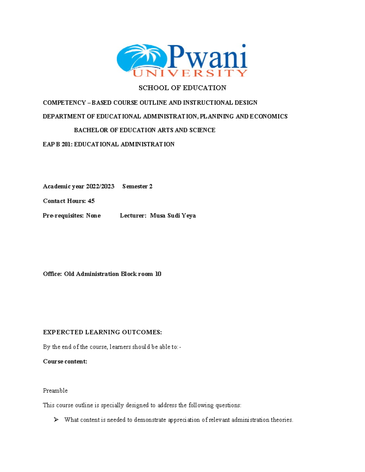 EAP B 201 Course Outline: Educational Administration Fundamentals - Studocu
