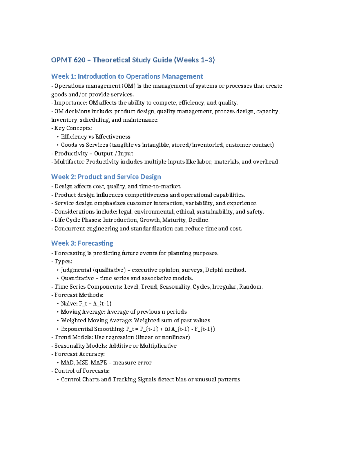 OPMT 620 Theoretical Study Guide: Key Concepts in Operations Management ...