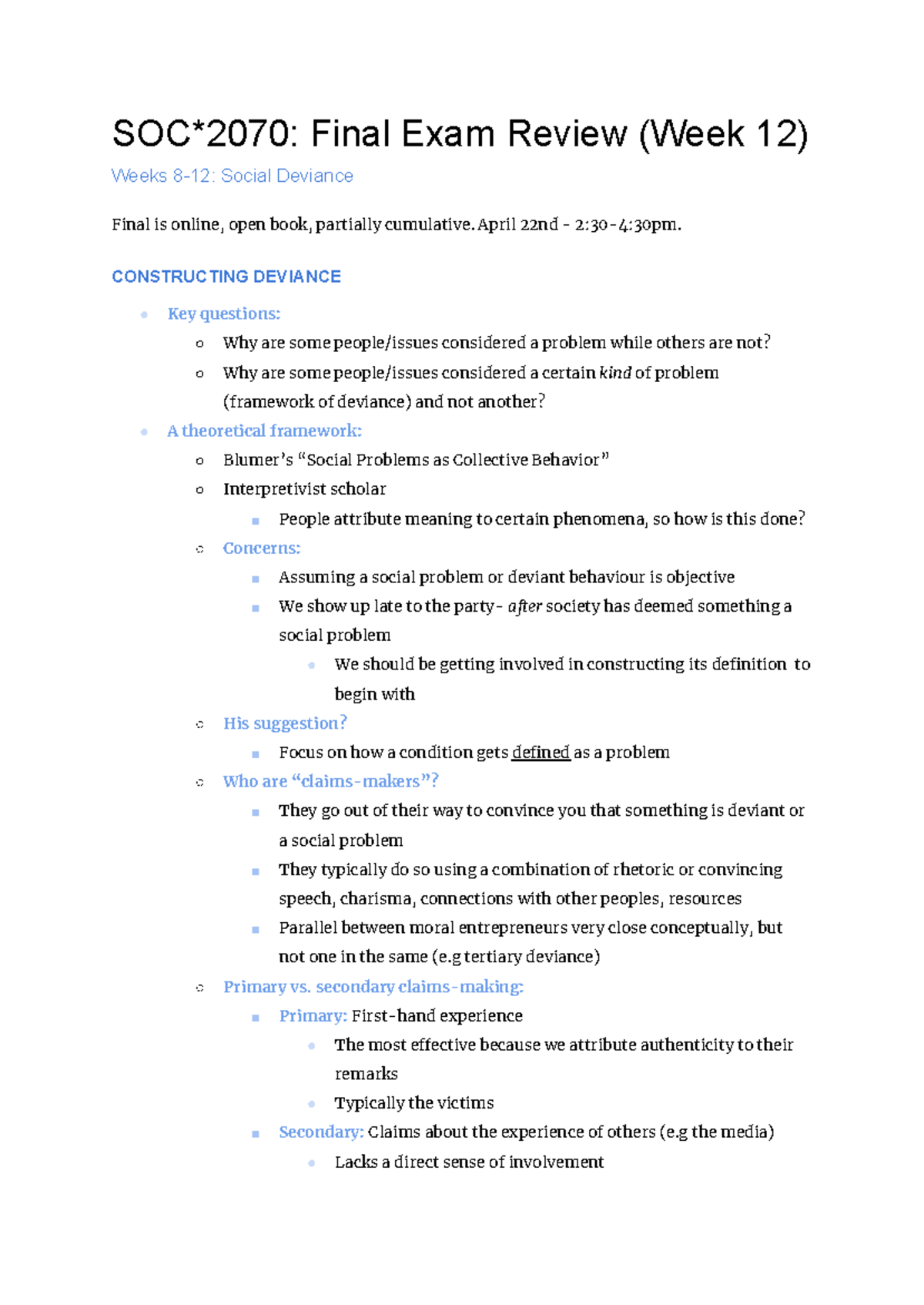 SOC*2070 Final Exam Review: Key Concepts from Weeks 8-12 - Studocu