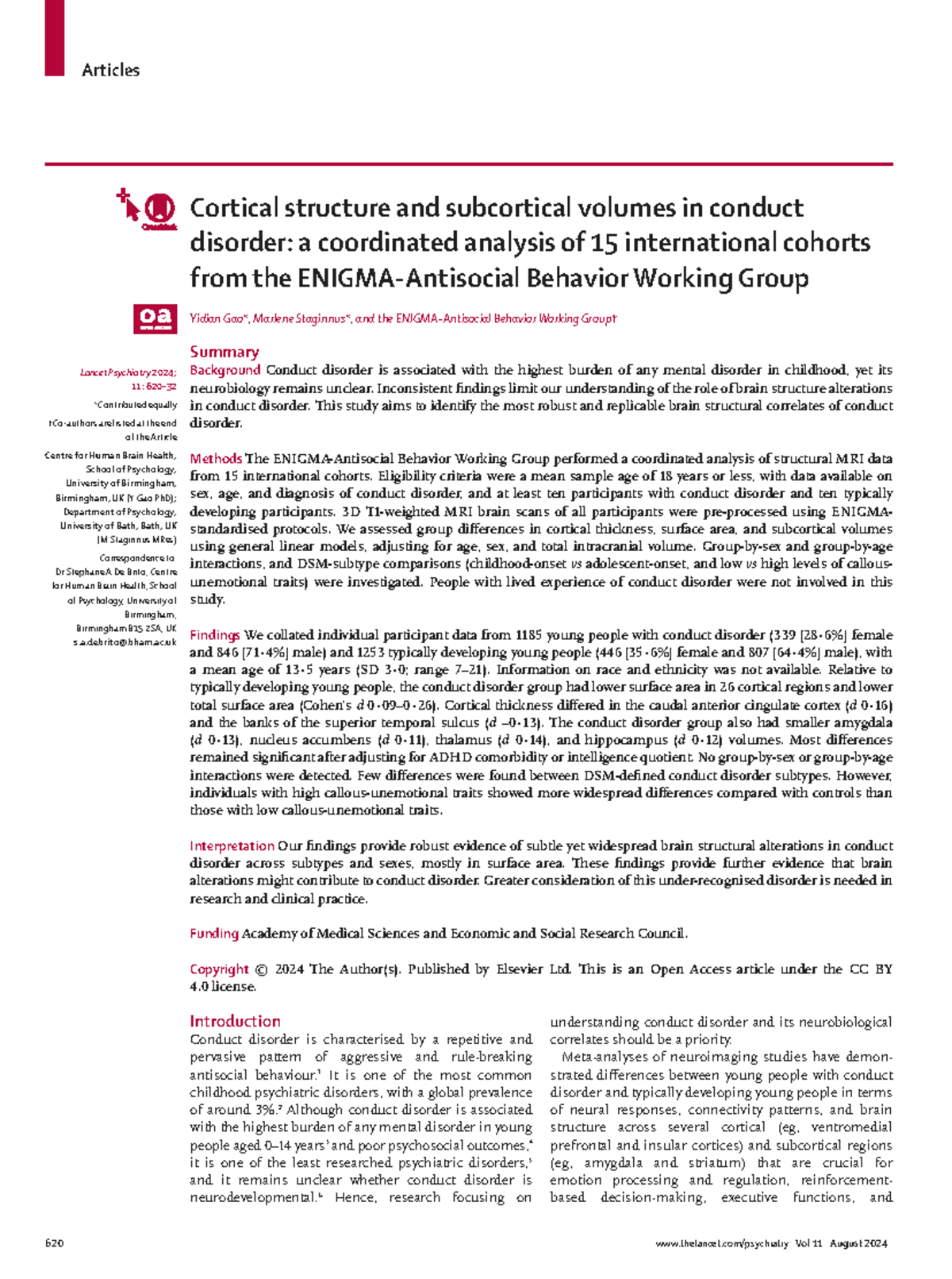 Cortical and Subcortical Brain Structure in Conduct Disorder: A ...