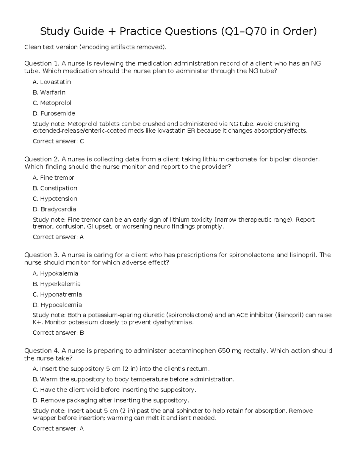Study Guide: Practice Questions 1-70 for Nursing (NUR 101) - Studocu