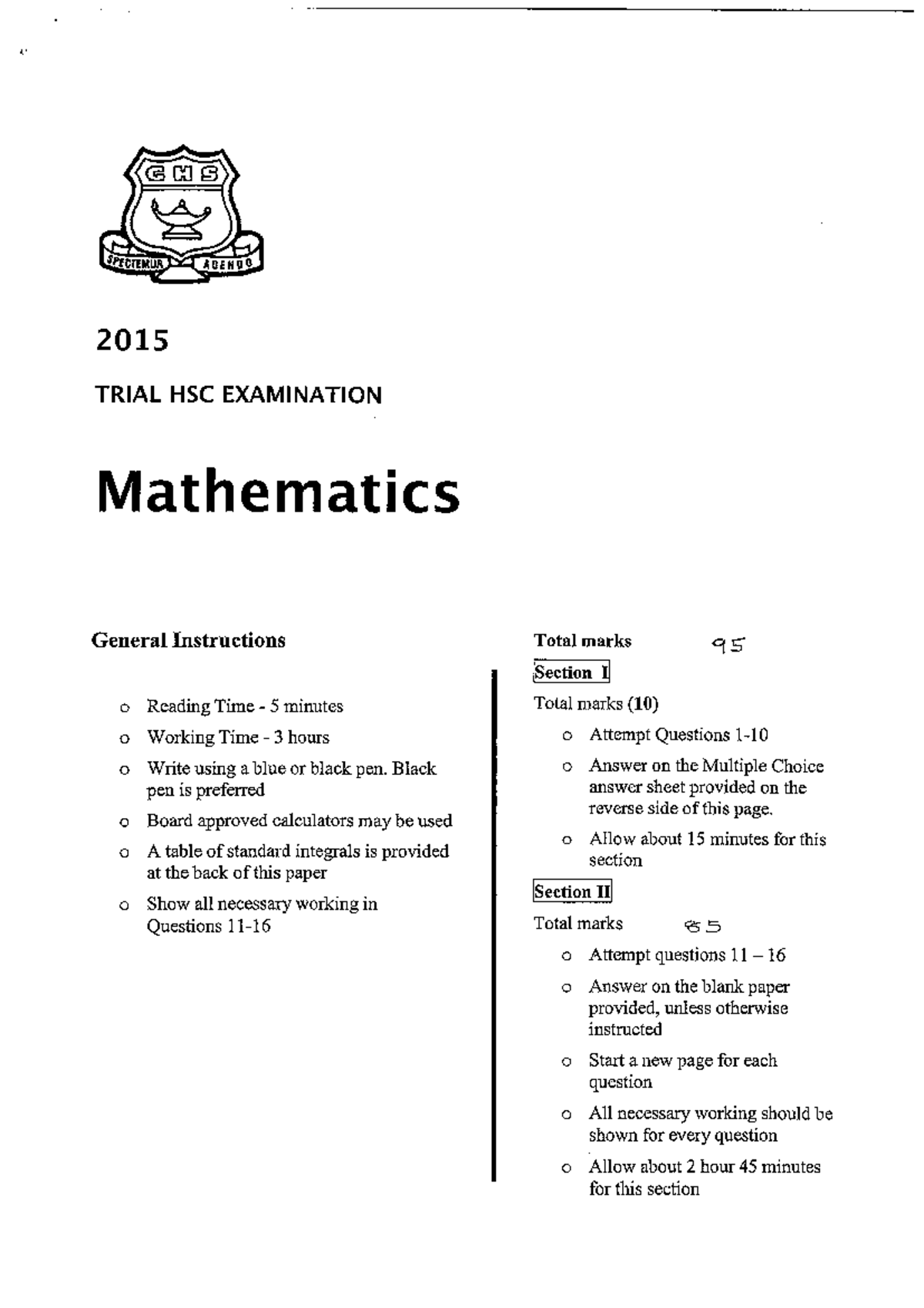 2015 2U - Gosford Trial with Solutions - ,, 2015 TRIAL HSC EXAMINATION ...