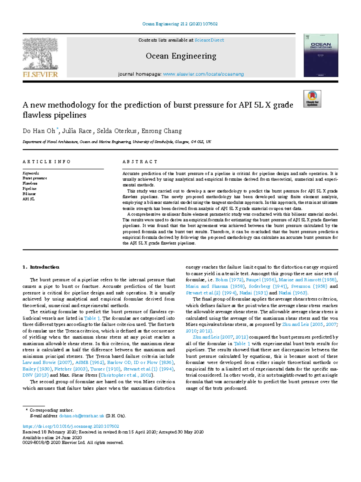 Methodology for Predicting Burst Pressure in API 5L X Grade Pipelines ...