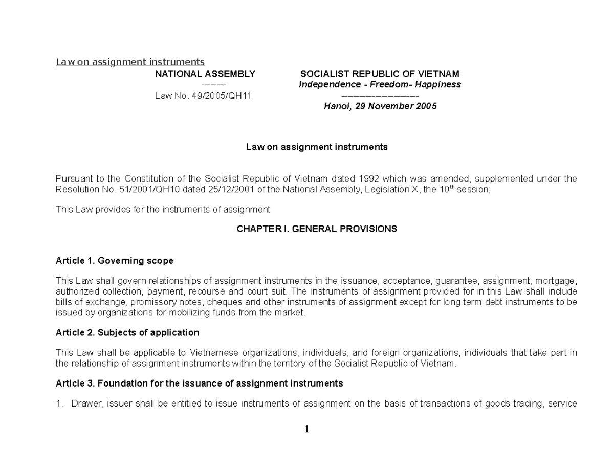 Law on Assignment Instruments: Overview and Key Provisions - Studocu