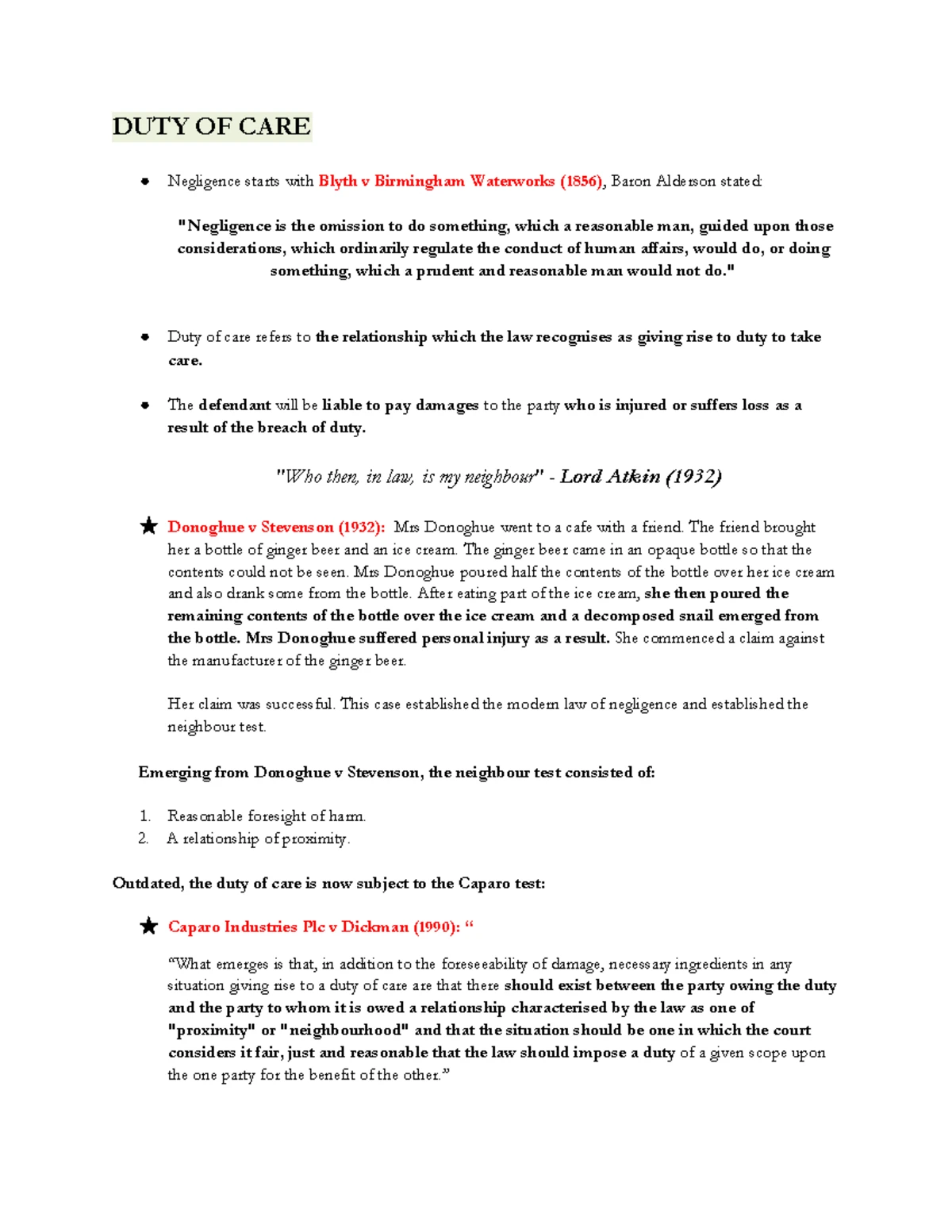 Tort Law: Duty of care, Breach of Duty and Causation - Cases and ...