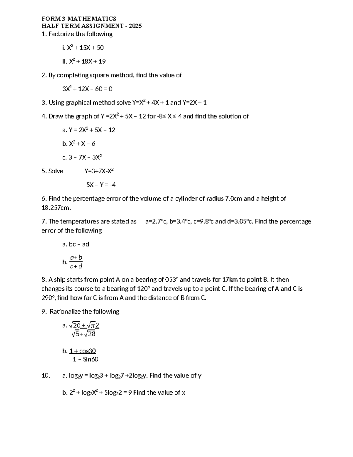F3 MATHEMATICS HALF TERM ASSIGNMENT 2025 - REVISION QUESTIONS - Studocu