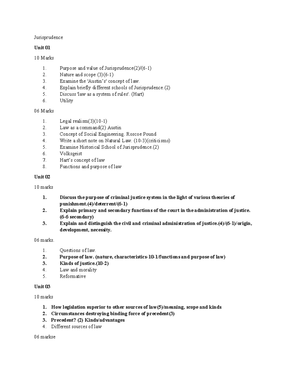 Jurisprudence Unit 01-05 Study Notes for 10 Marks Each - Studocu
