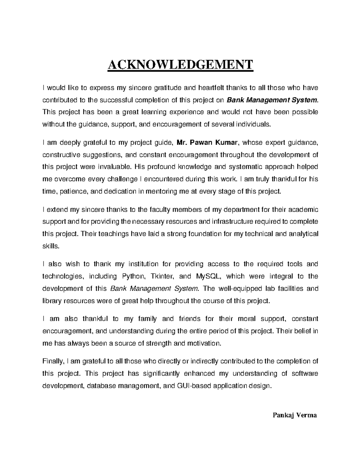 Acknowledgement for Bank Management System Project Completion - Studocu