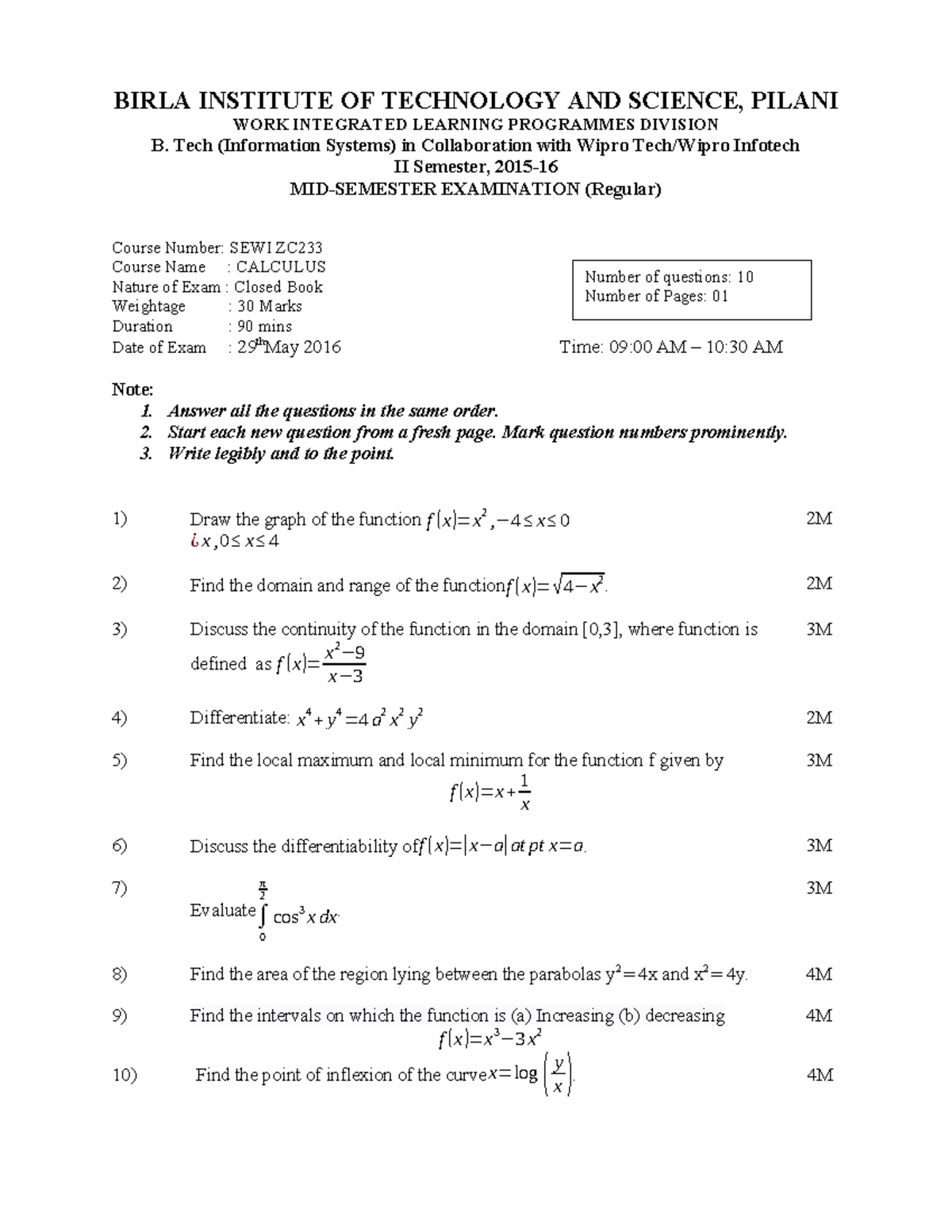 Calculus SEWI ZC - Mid-Semester Question Paper 2016 - Studocu