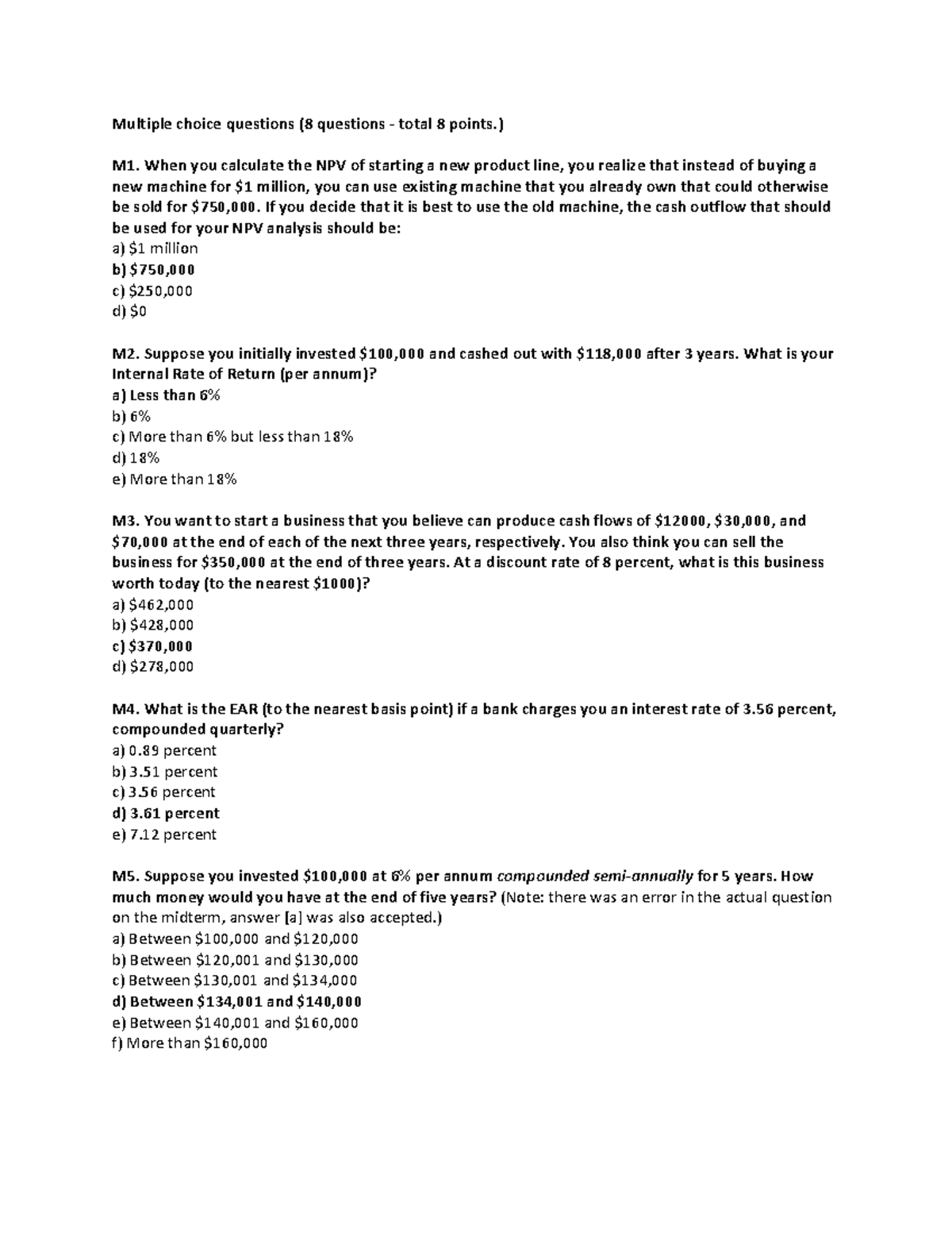 Sample Midterm Solutions (FIN 101) - Multiple Choice & Problems - Studocu