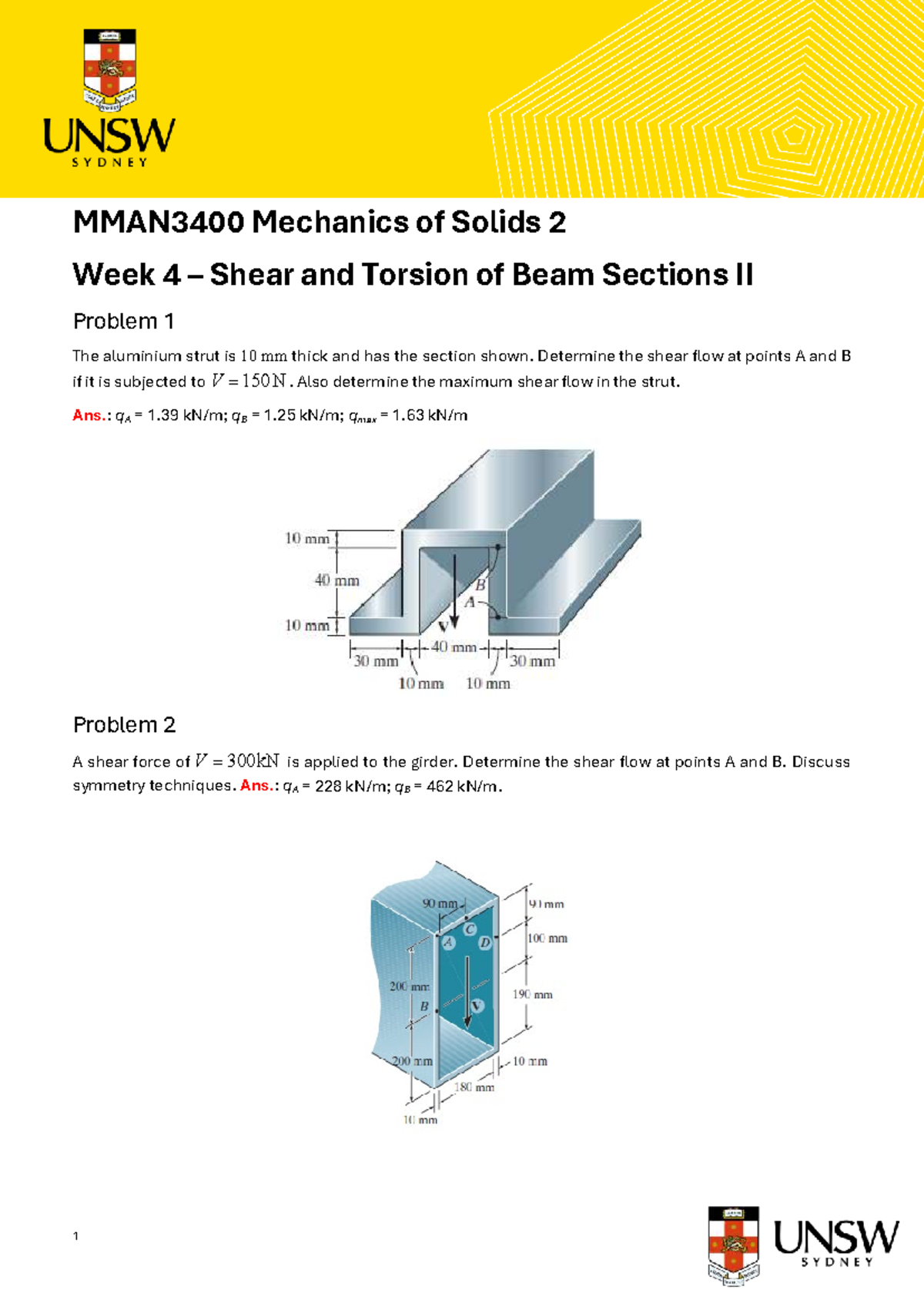 MMAN3400 Mechanics of Solids 2 Week 4 Shear Flow Problems and Solutions ...