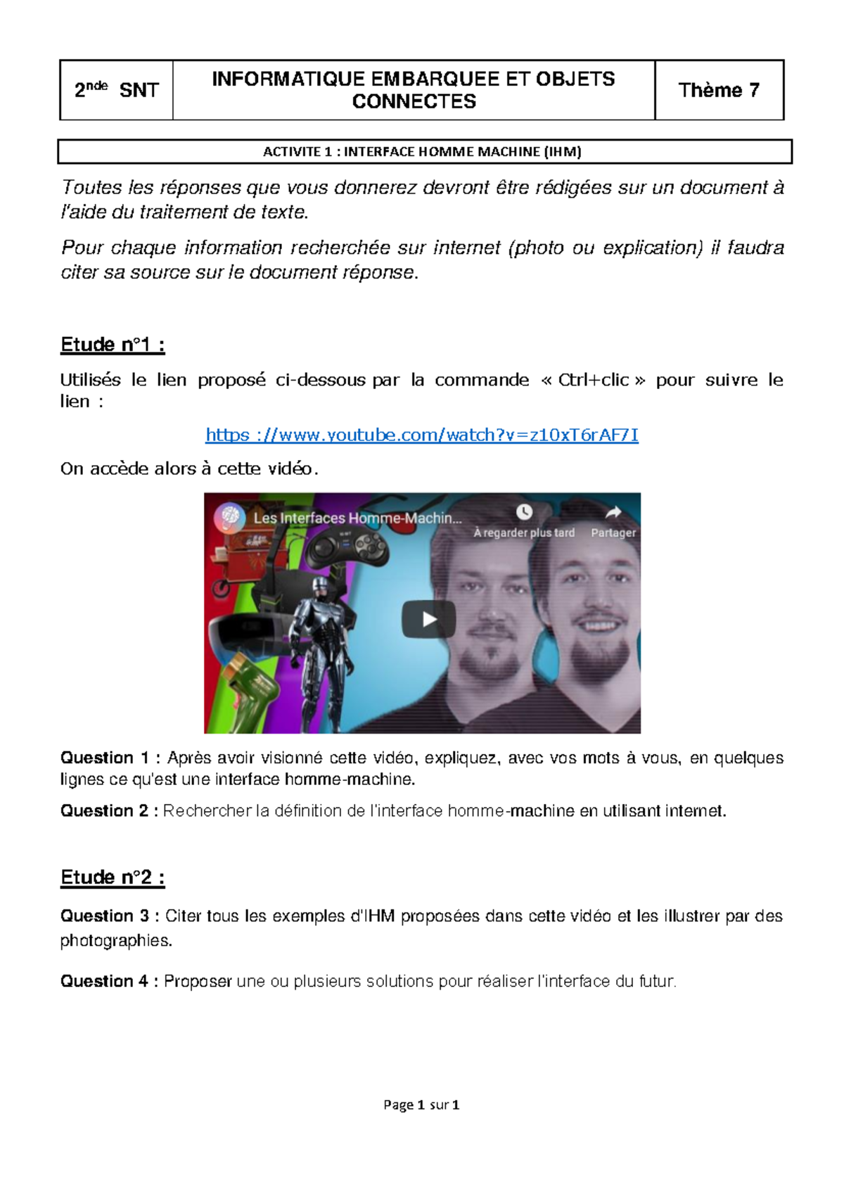 2nde SNT IHM Thème 7 Activité 1 : Interface Homme-Machine - Studocu