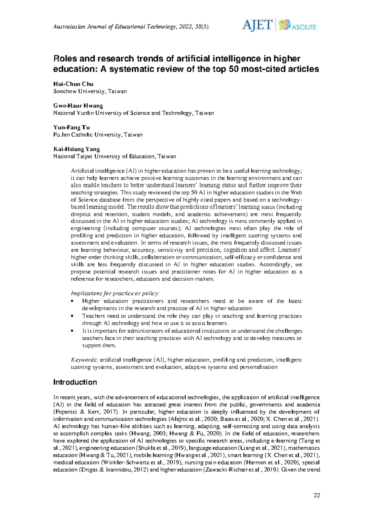 AI in Higher Education: Trends and Roles - A Systematic Review (2022 ...