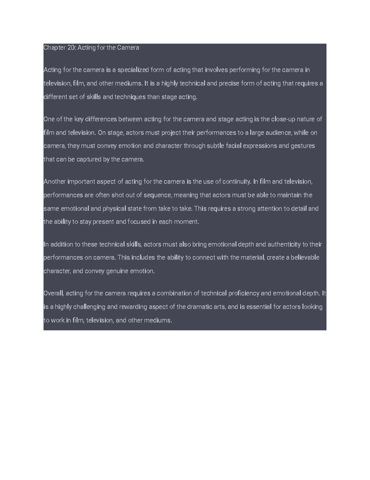 Dramatic Arts Chapter 20 Notes - Chapter 20: Acting for the Camera ...
