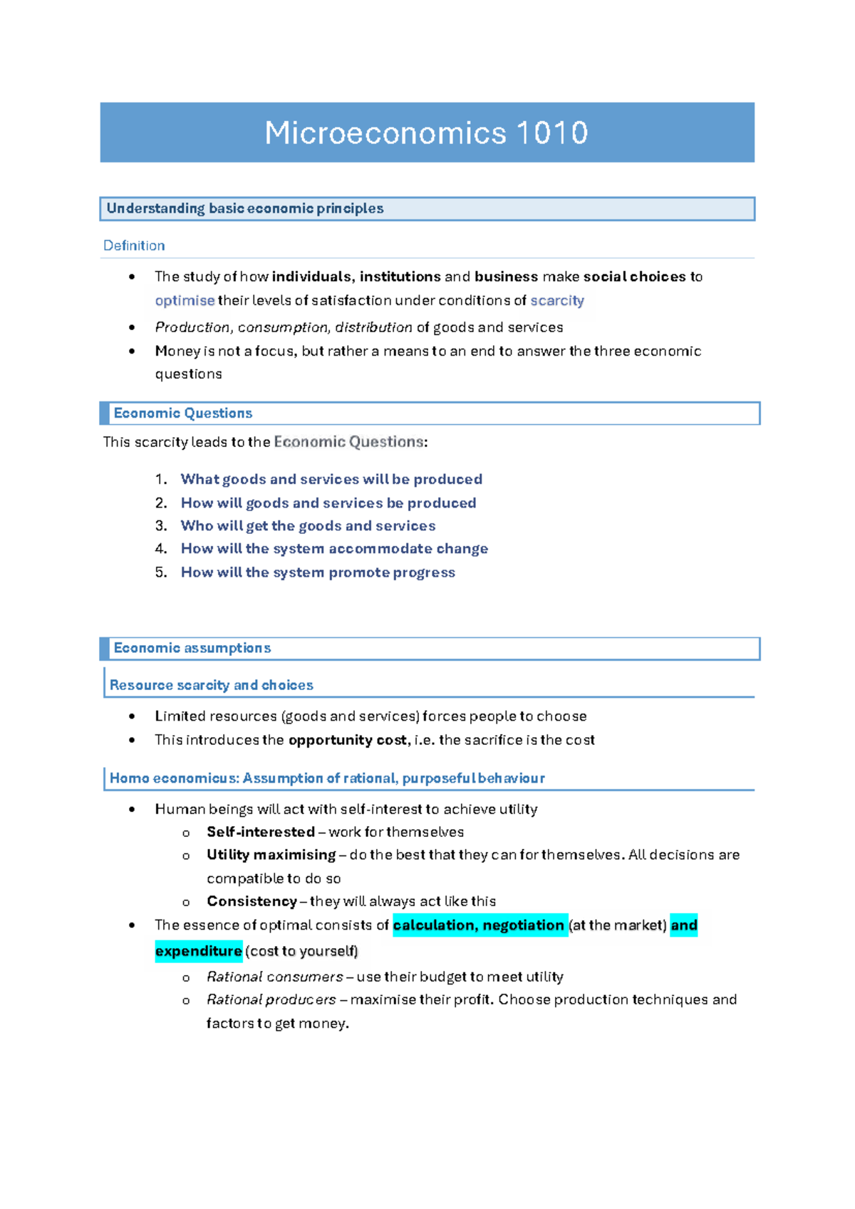 Econs 1010 Midterm Exam Notes: Key Economic Principles and Concepts ...