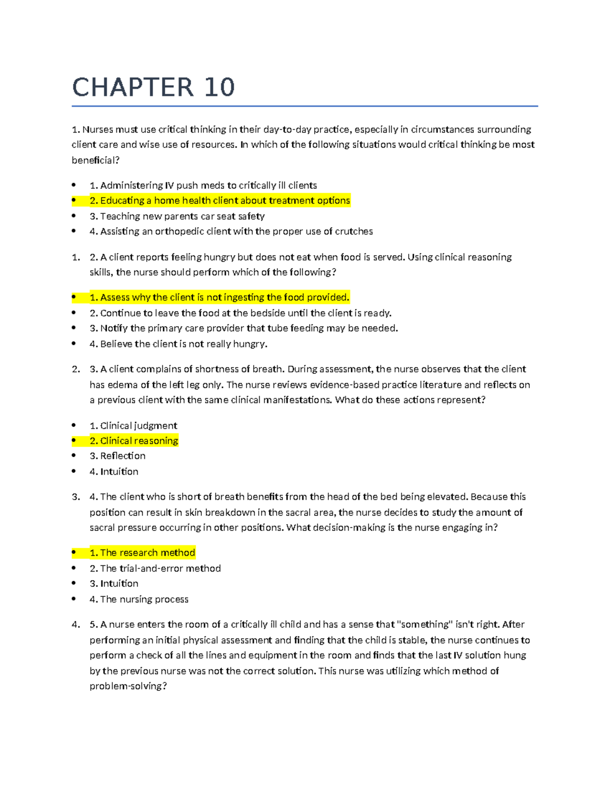 Chapter 10: Critical Thinking in Nursing Practice Review - Studocu