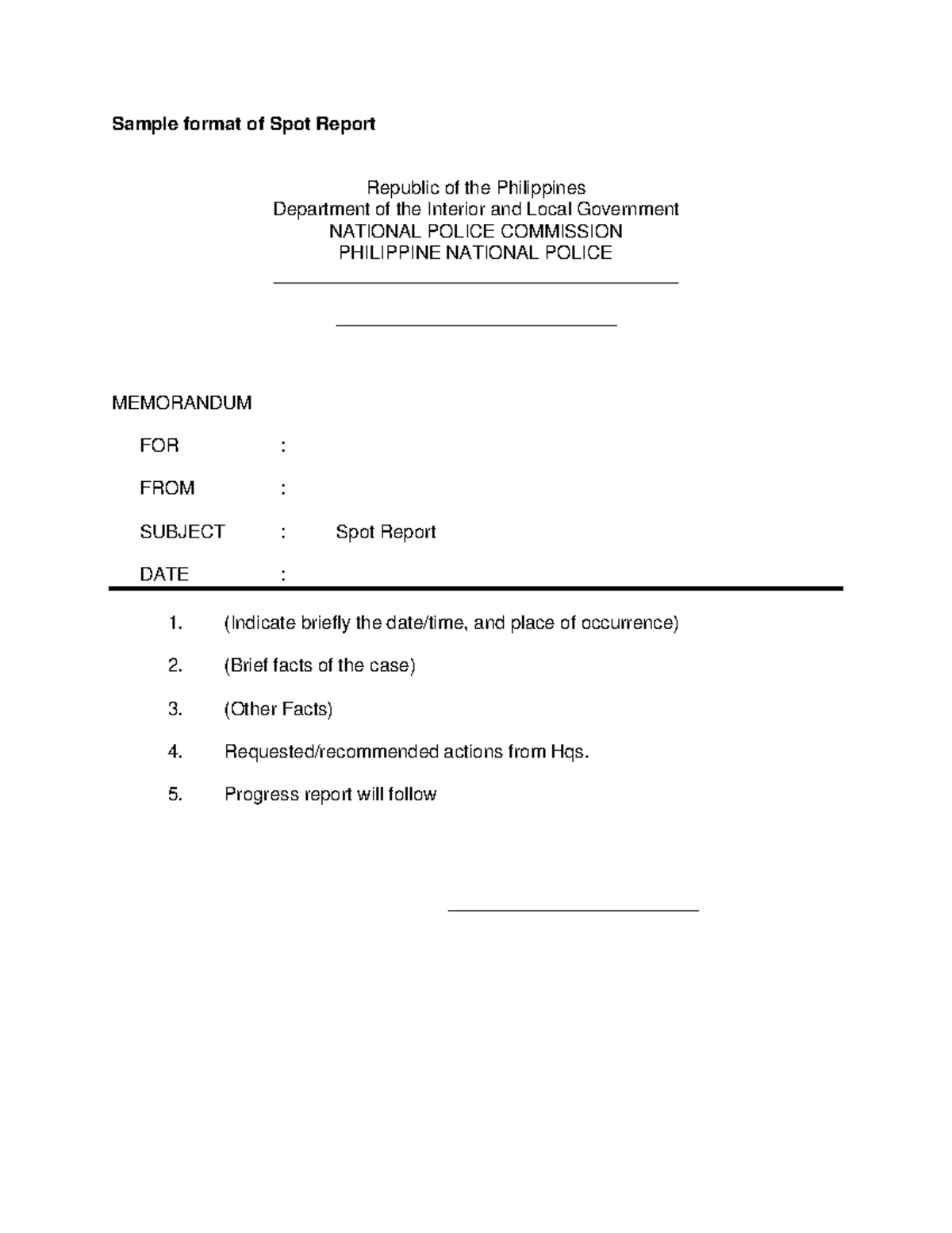 Sample Format of Spot Report - Sample format of Spot Report Republic of ...