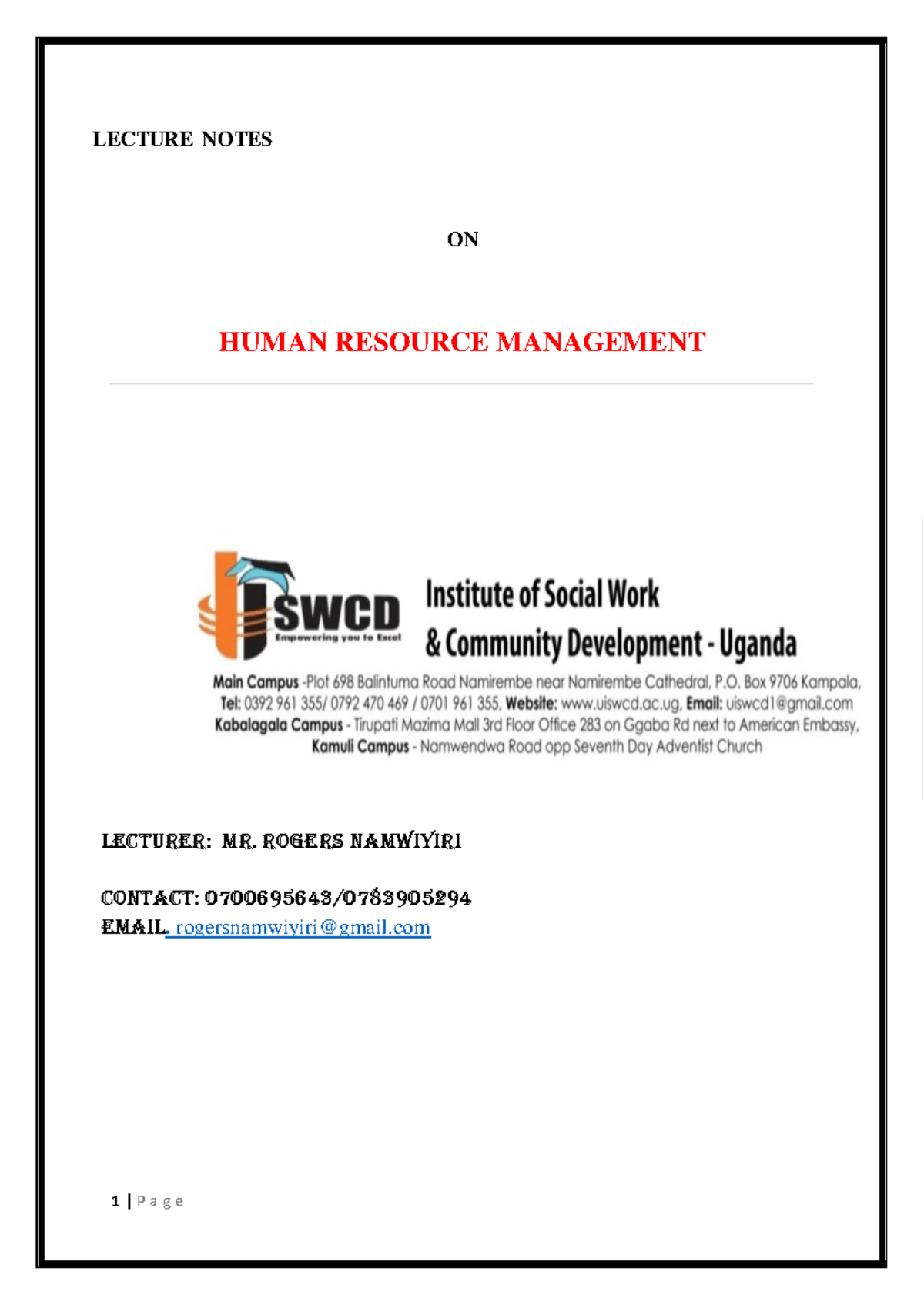 HUMAN RESOURCE MANAGEMENT - LECTURE NOTES & JOB ANALYSIS - Studocu