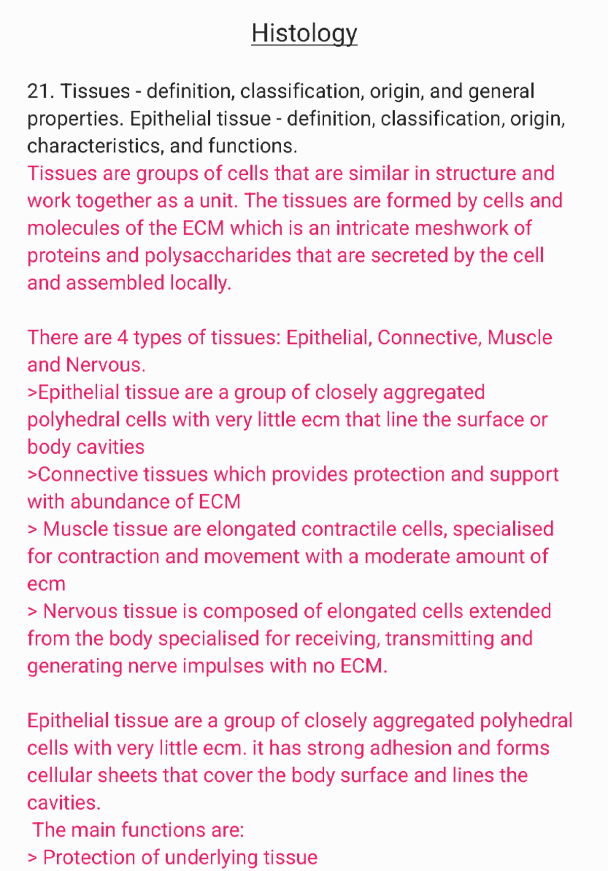 Histology MUV Final Summary 2024: Tissues and Their Functions - Studocu
