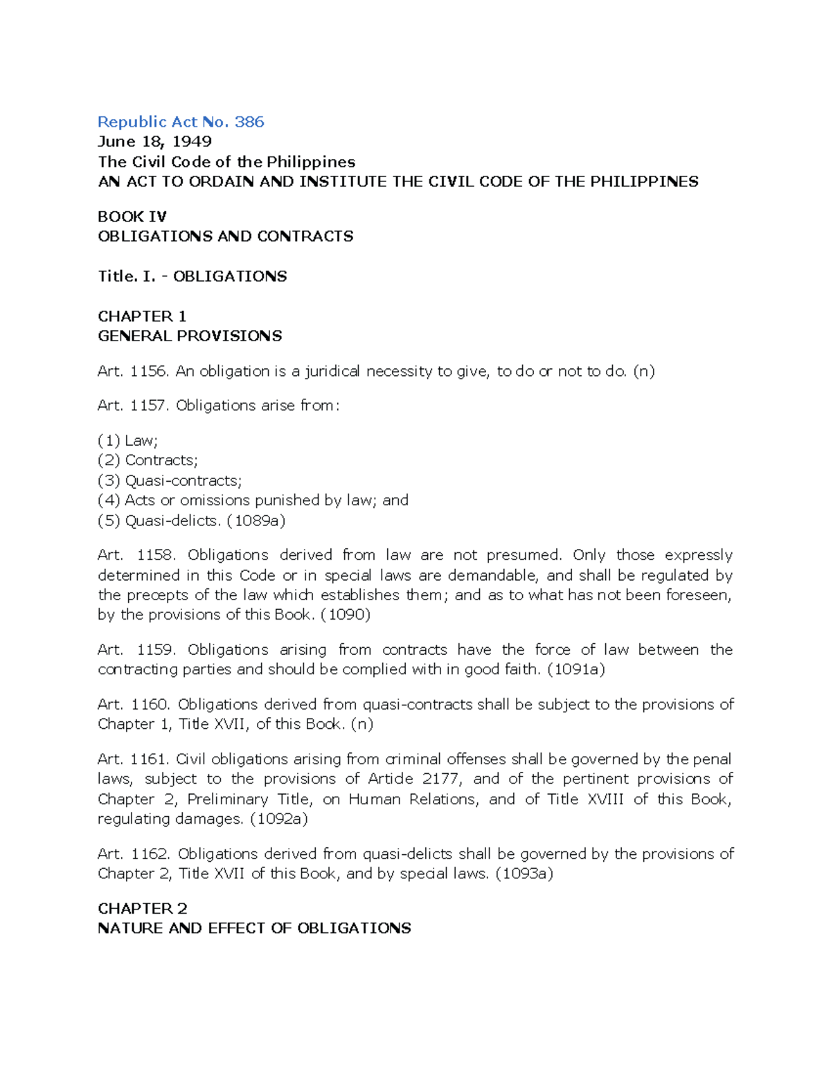 Civil Code of the Philippines: Obligations and General Provisions - Studocu