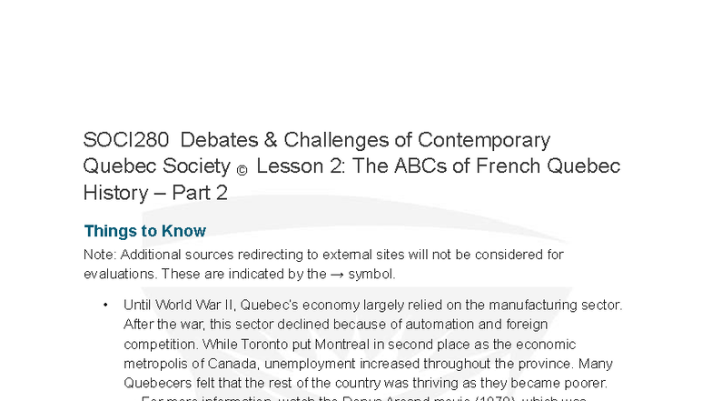 SOCI280 Lesson 2: Key Insights on French Quebec History Part 2 - Studocu