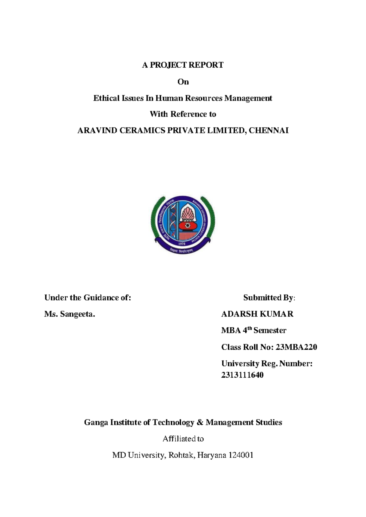 MBA 4th Sem Project Report: Ethical Issues in HRM at Aravind Ceramics ...
