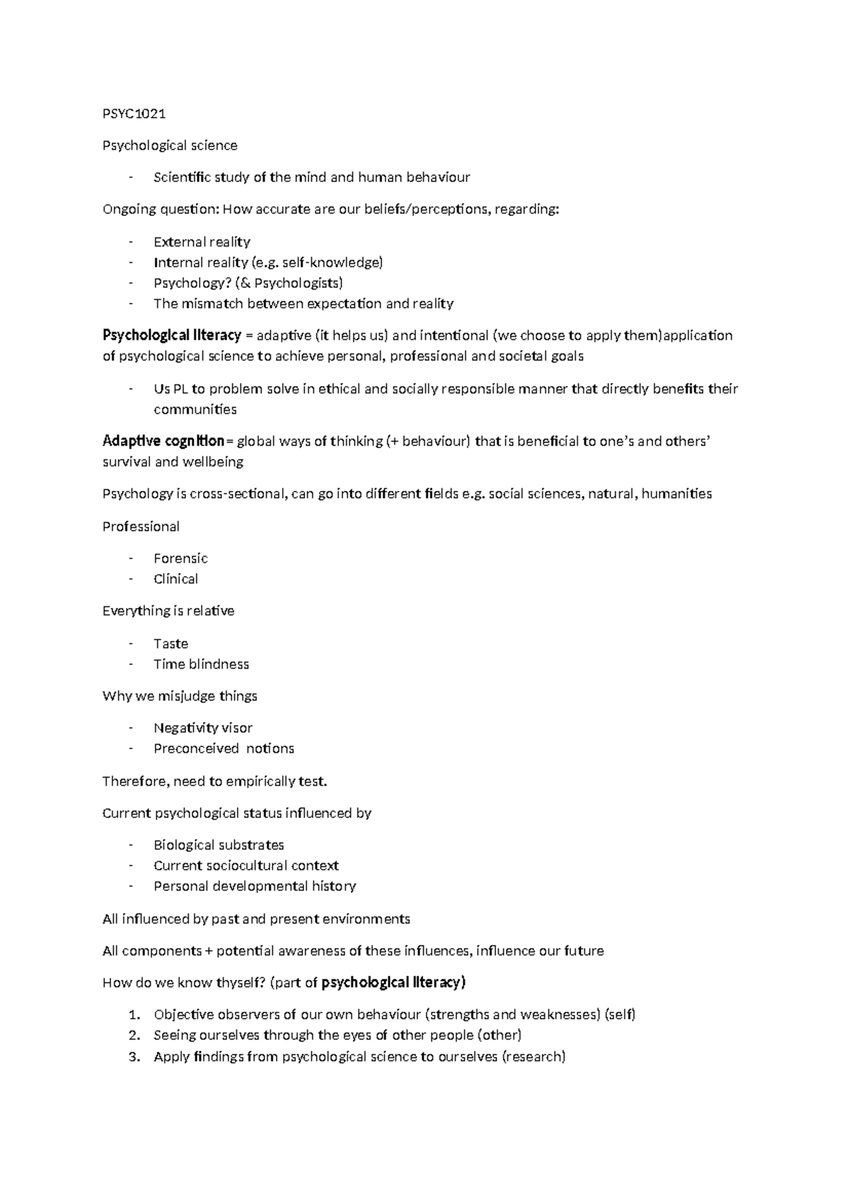 PSYC1021 - Lecture Notes on Psychology Concepts and Key Theories - Studocu