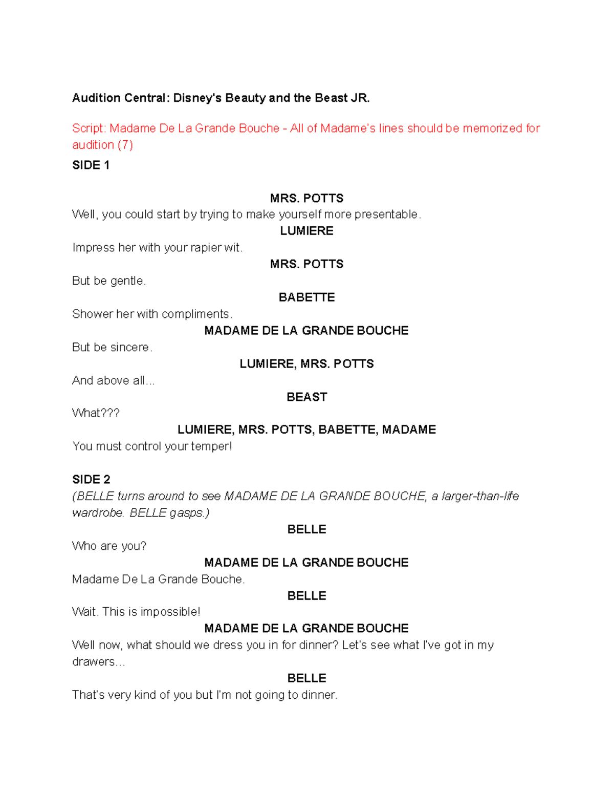 Audition Lines for Madame De La Grande Bouche - Beauty and the Beast JR ...