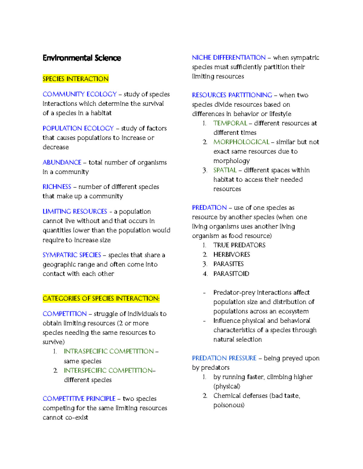 EnSci 101: Final Exam Review on Species Interactions and Ecology - Studocu