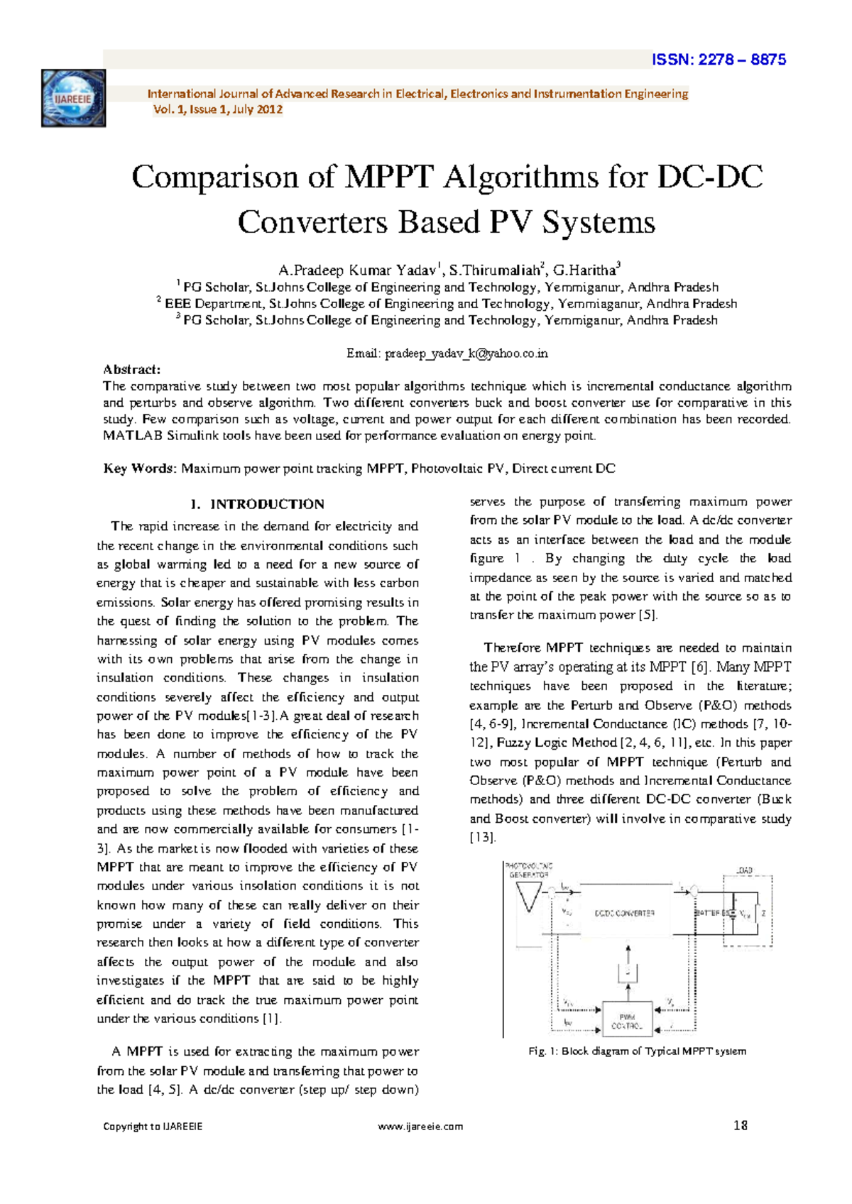 Comparison of MPPT Algorithms for DC DC - International Journal of ...