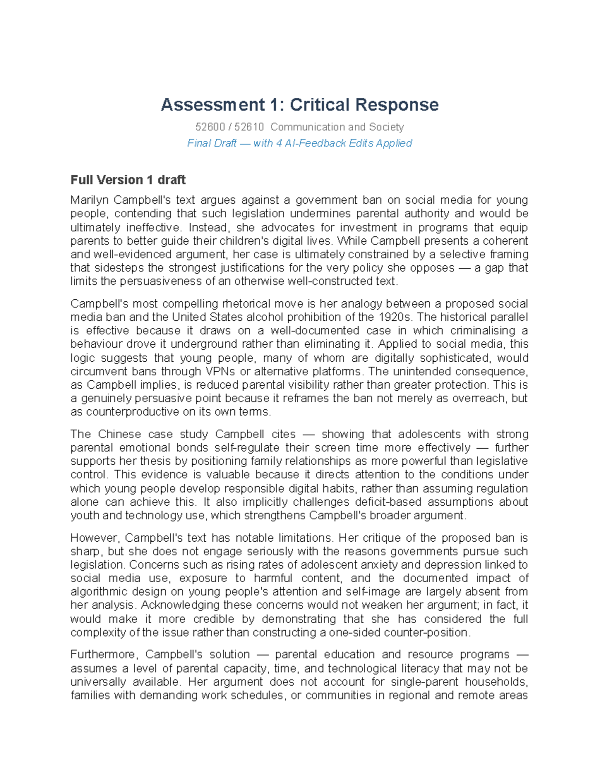 Assessment 1: Critical Response to Social Media Ban - 52600 52610 Final ...