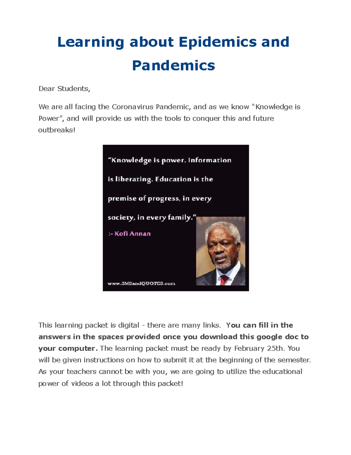 Epidemics and Pandemics Learning Packet (Course Code: EP101) - Studocu