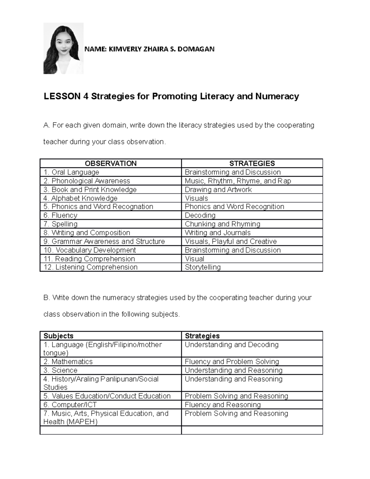 Field Study Lesson 4: Strategies for Literacy & Numeracy Improvement ...