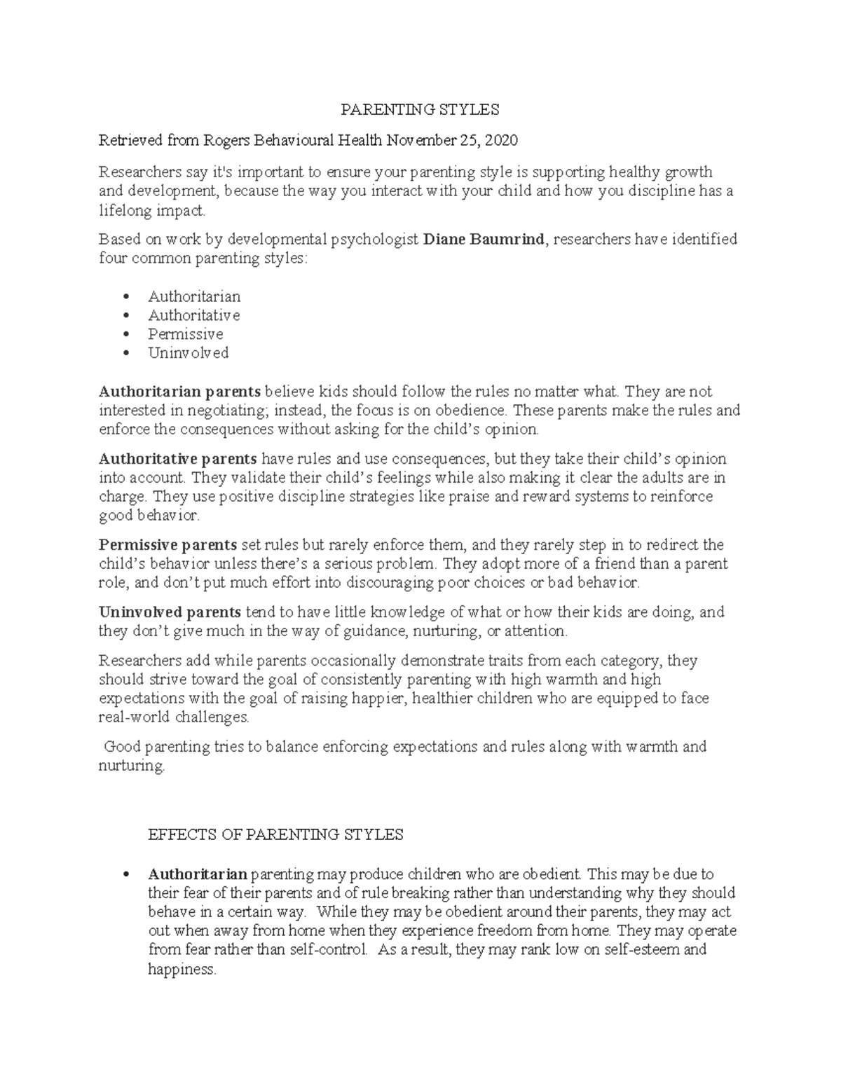 Parenting Styles and Their Effects on Child Development (7d4a4) - Studocu