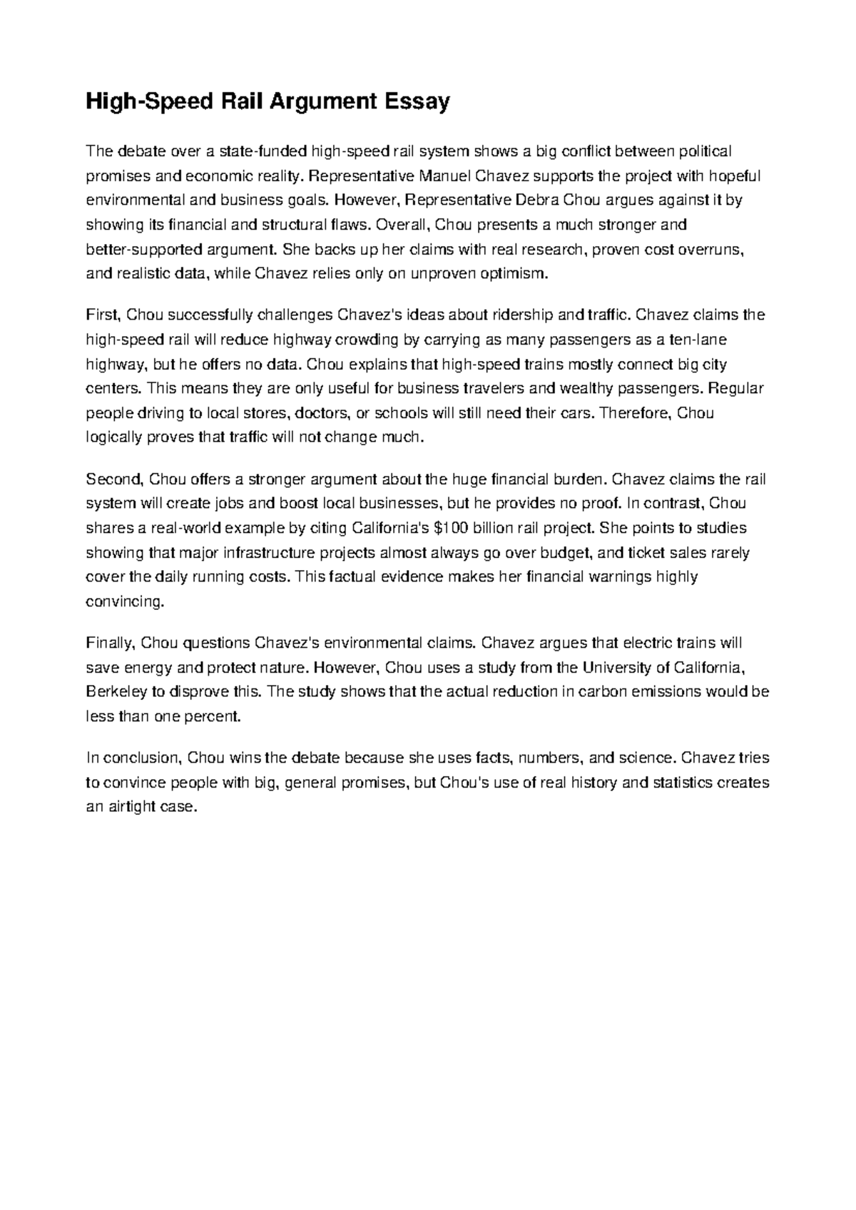 High Speed Rail Argument Essay: Chou vs. Chavez Analysis - Studocu